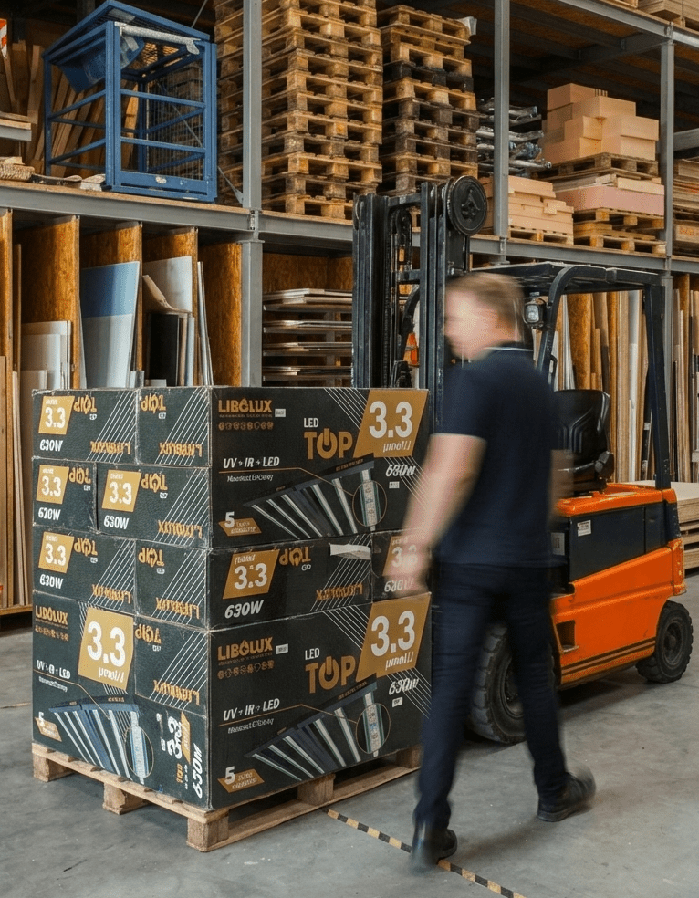 Carretilla moviendo pal&eacute;s de luminarias Libolux TOP 3.3 en el almac&eacute;n
