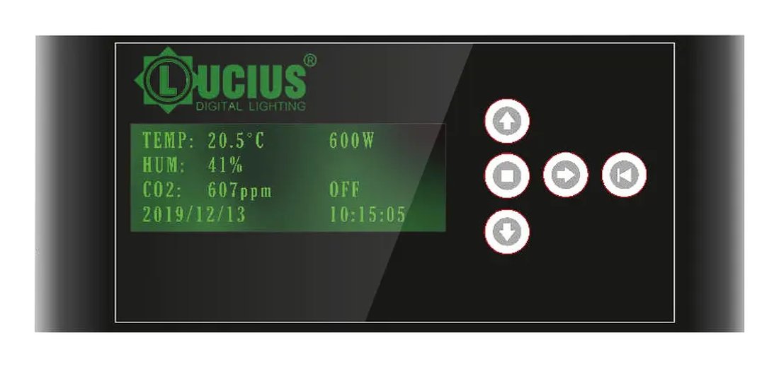 Écran LCD du Lucius Digital Lighting Controller affichant température, humidité, CO₂ et puissance